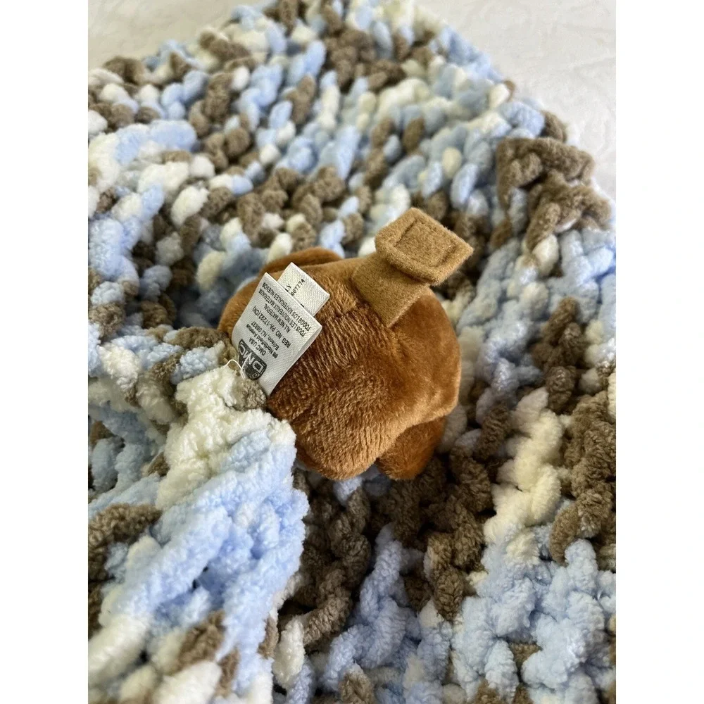 Baby Lovey Chenille Crocteched Blanket 15 X 15 Super Soft Brown Blue Monkey